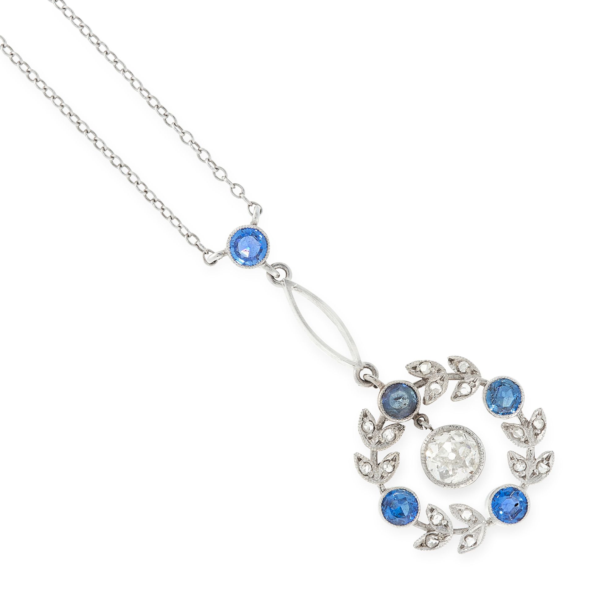 A DIAMOND AND SAPPHIRE PENDANT NECKLACE set with an old cut diamond of 0.55 carats, suspended within
