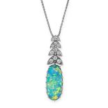 AN OPAL AND DIAMOND PENDANT AND CHAIN, ASPREY & CO in 18ct white gold, set with an elongated oval