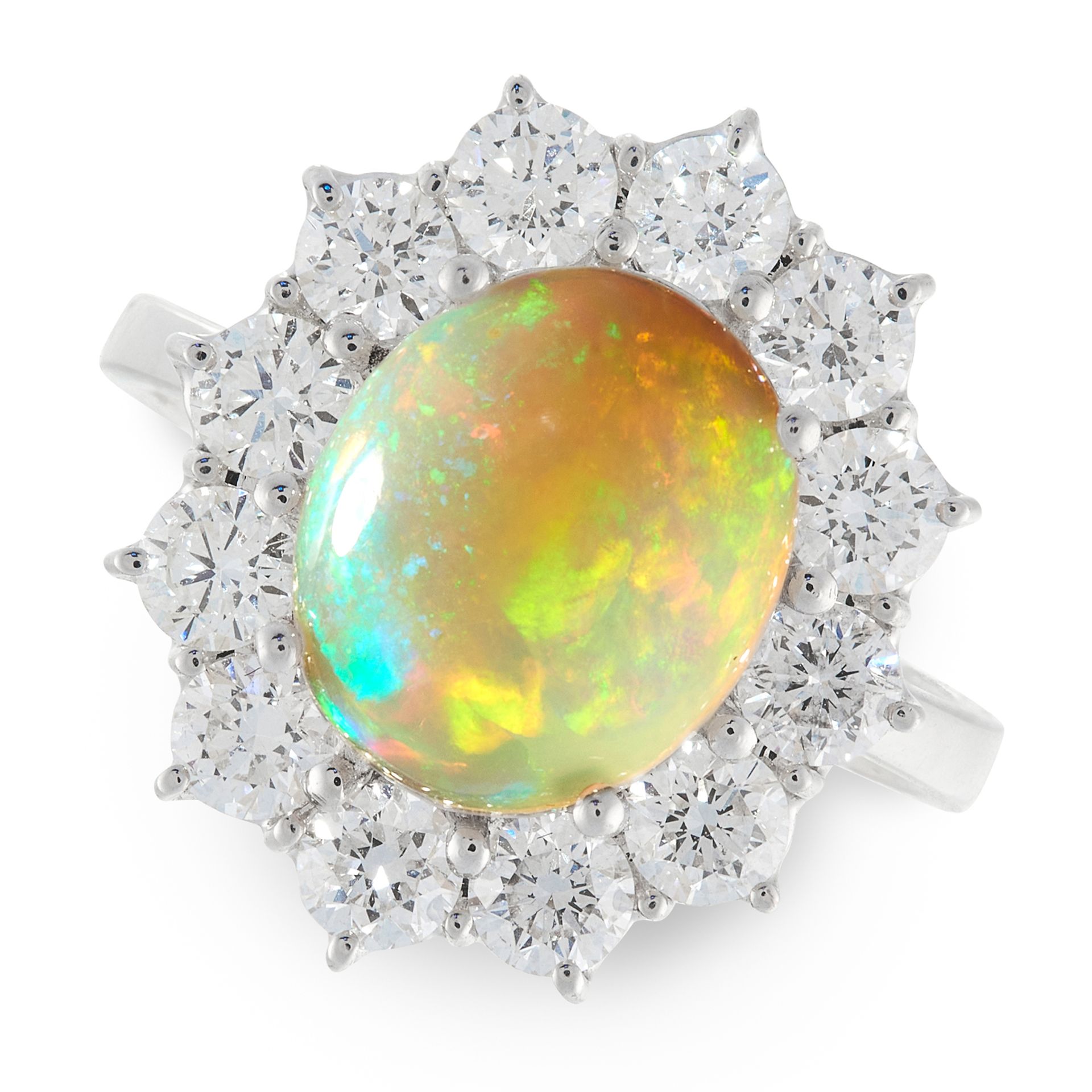 A OPAL AND DIAMOND CLUSTER RING in 18ct white gold, set with a cabochon opal of 2.87 carats in a