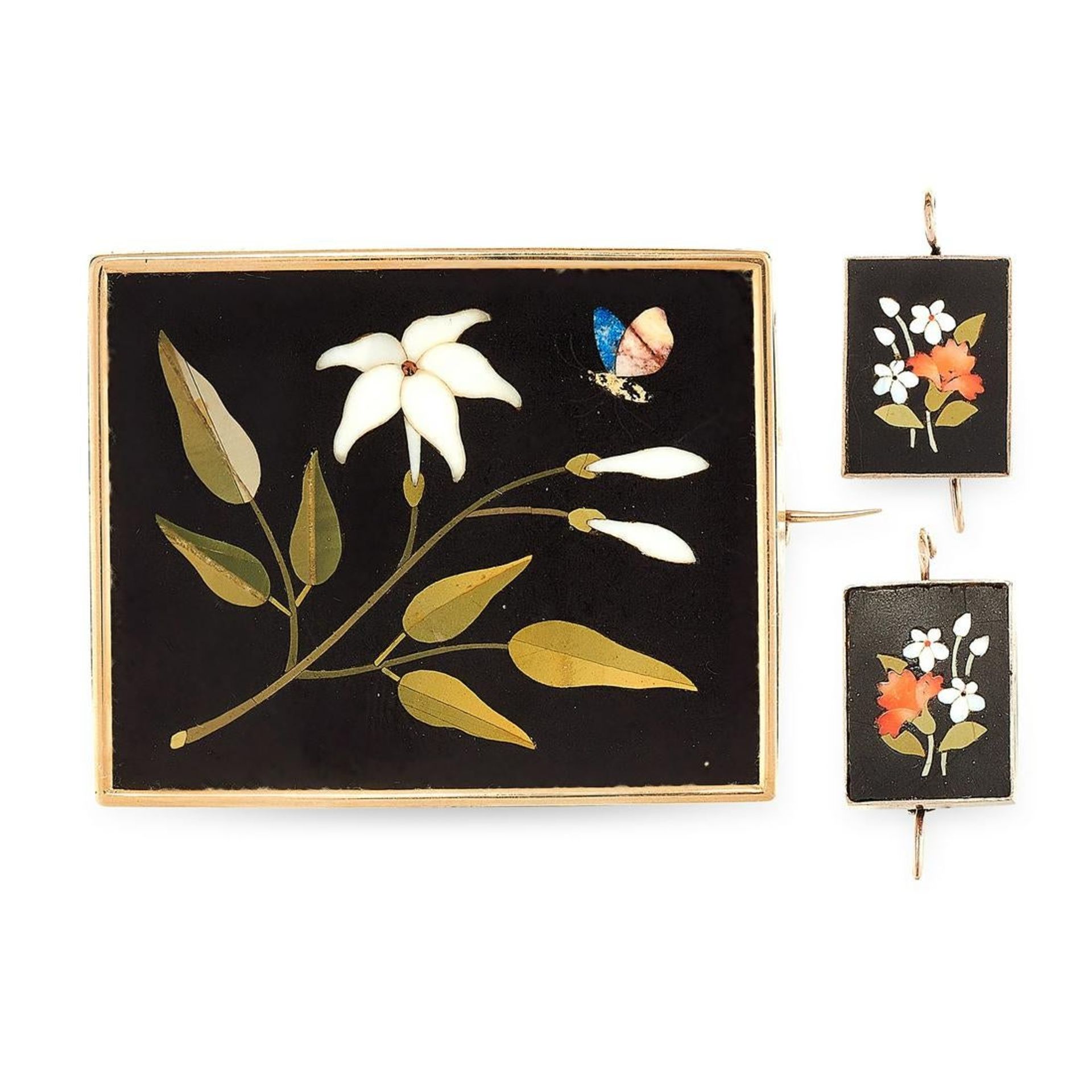 AN ANTIQUE PIETRA DURA BROOCH AND EARRINGS SUITE in yellow gold, of rectangular design, inset with