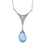 A CEYLON NO HEAT SAPPHIRE AND DIAMOND PENDANT NECKLACE, EARLY 20TH CENTURY in white gold, set with a
