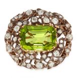 AN ANTIQUE PERIDOT AND DIAMOND BROOCH, 19TH CENTURY in yellow gold and silver, set with an emerald