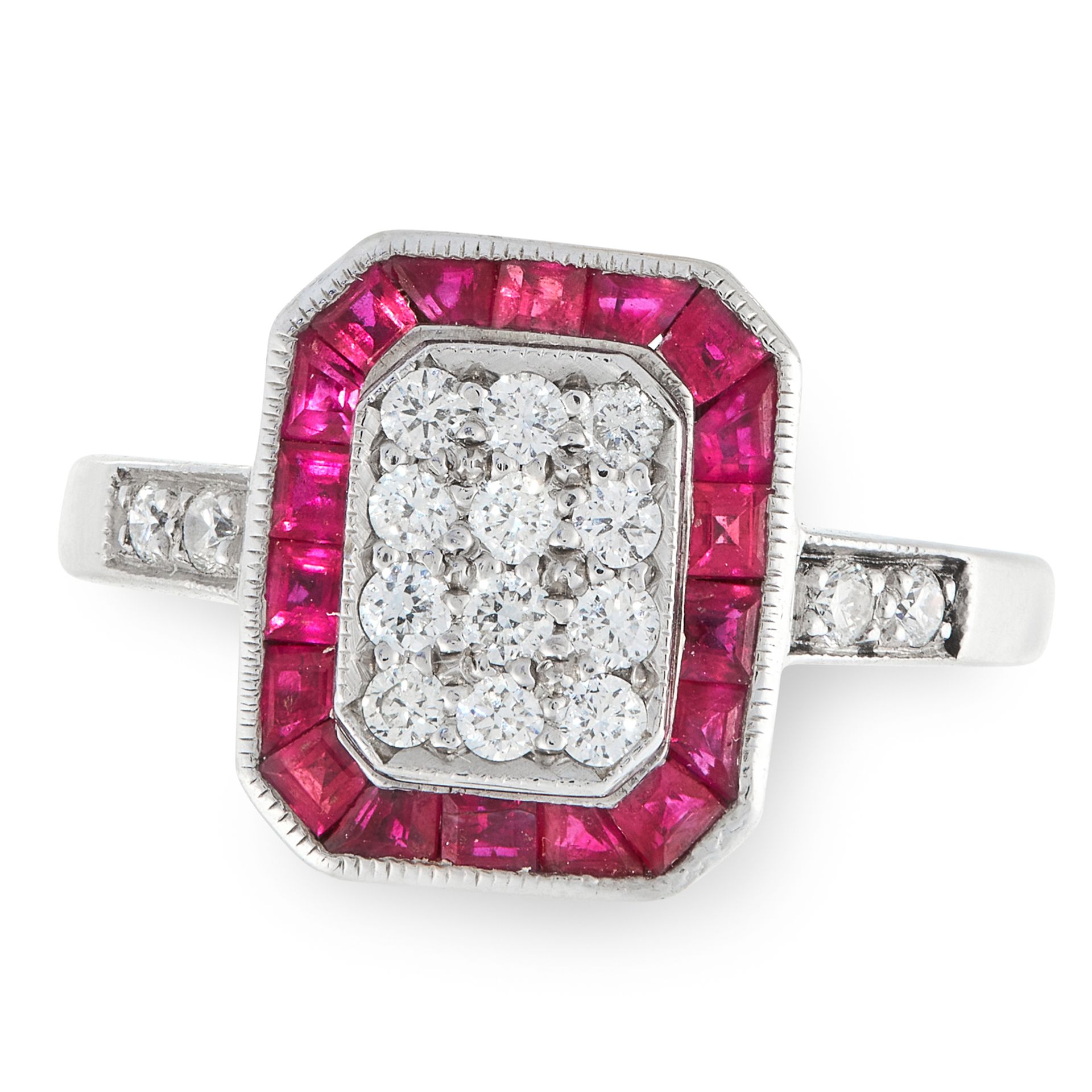 A RUBY AND DIAMOND RING in 18ct white gold, the panel face is pave set with round cut diamonds