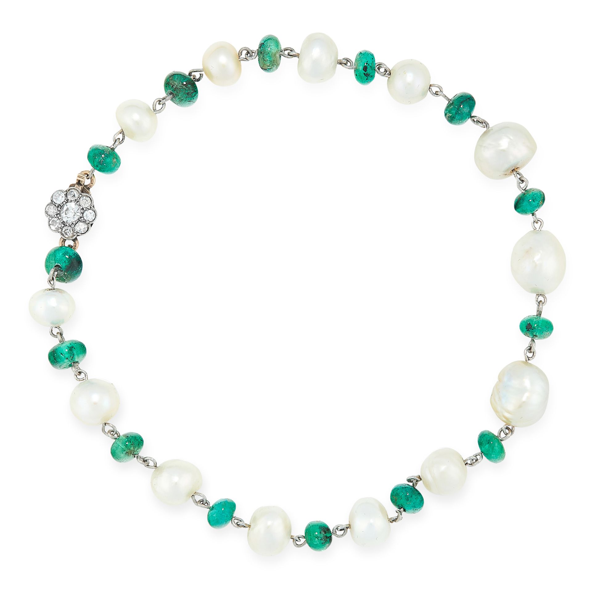 A NATURAL PEARL, EMERALD AND DIAMOND BRACELET in yellow gold and silver, comprising a row of