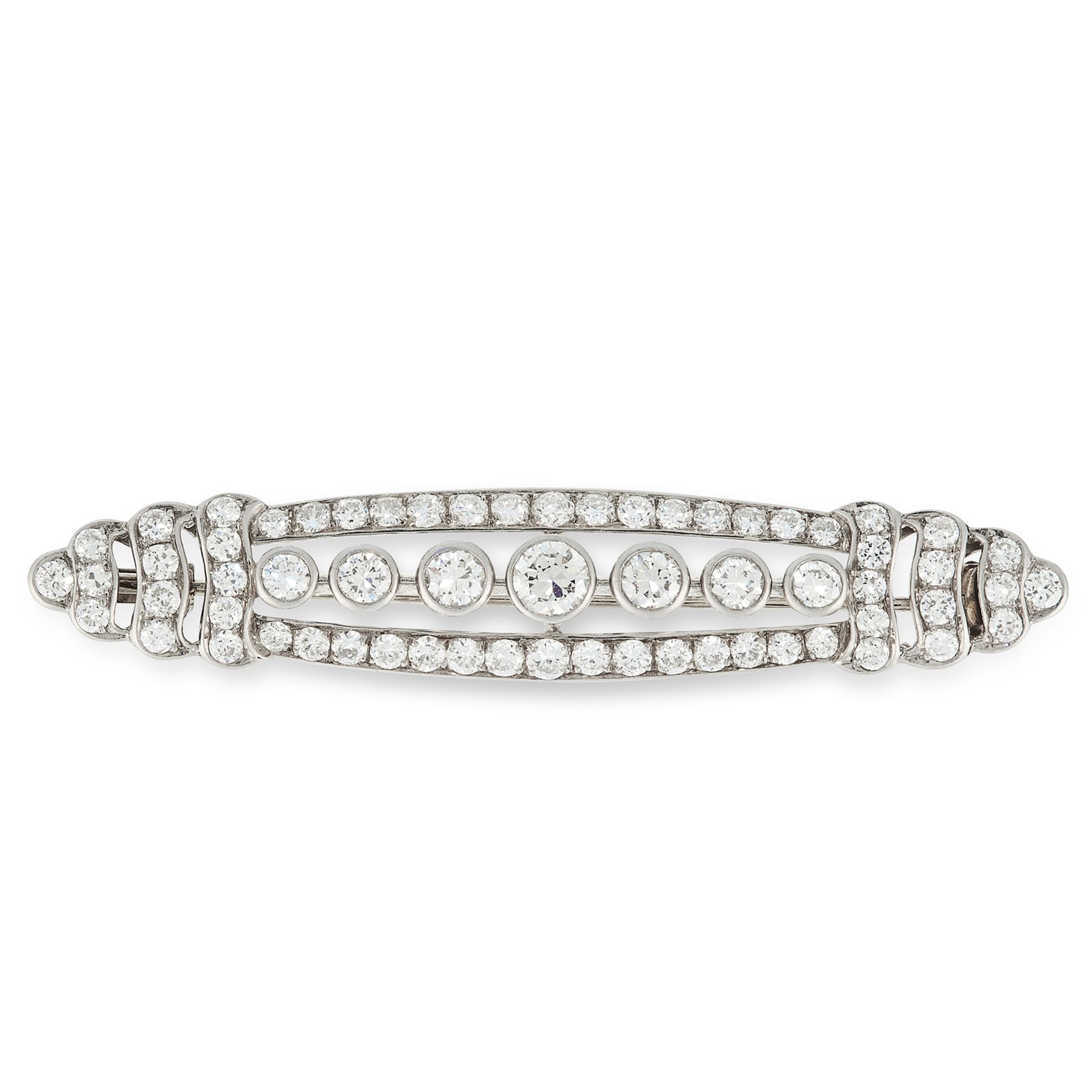 A DIAMOND BROOCH in white gold, the elongated oval body set with a row of seven principal old