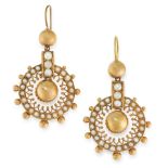 A PAIR OF ANTIQUE PEARL EARRINGS, 19TH CENTURY in yellow gold, in the Etruscan revival manner, the