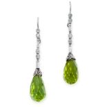 A PAIR OF ART DECO PERIDOT AND DIAMOND EARRINGS, EARLY 20TH CENTURY each set with a briolette drop