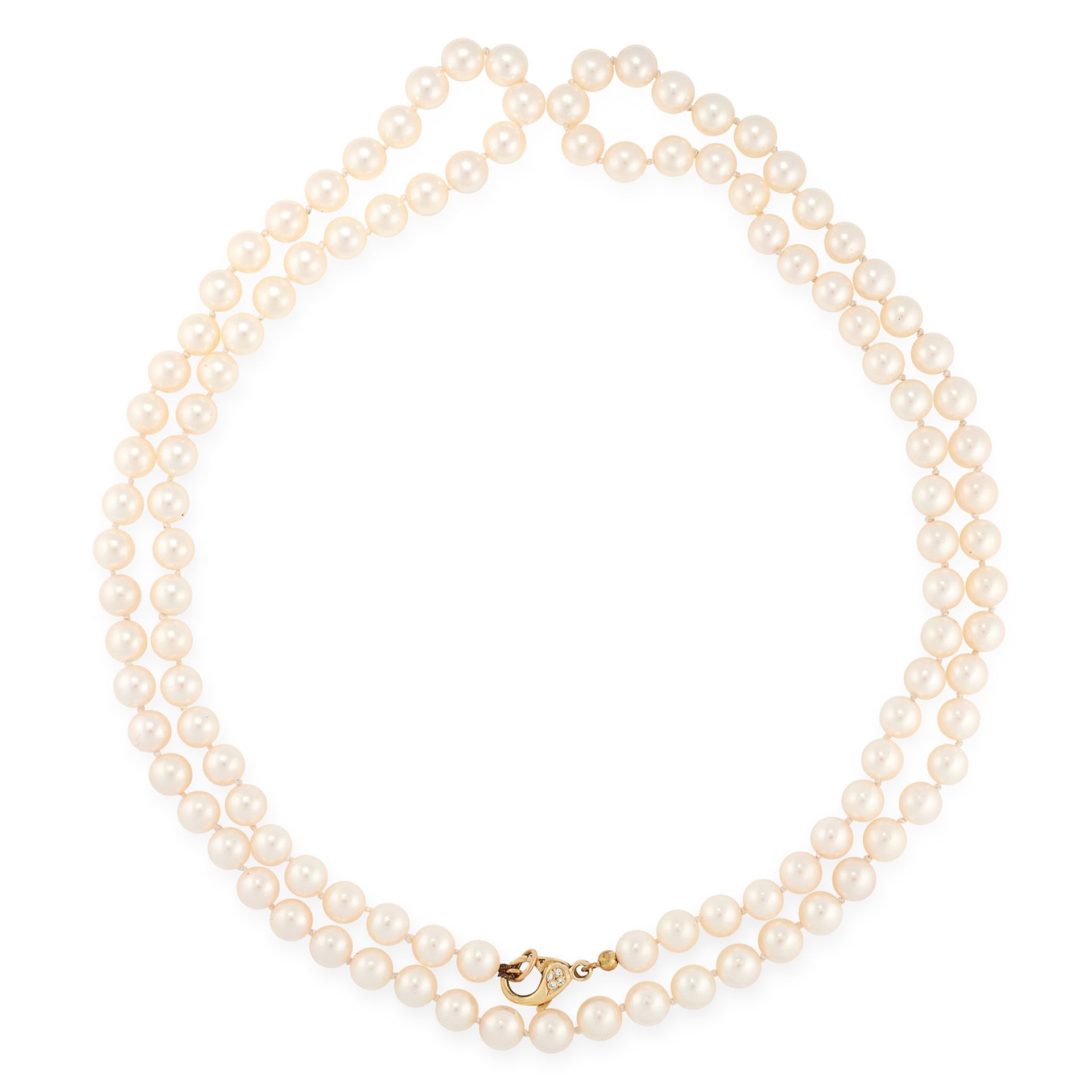 A PEARL AND DIAMOND SAUTOIR NECKLACE in 18ct yellow gold, comprising a single row of one hundred and