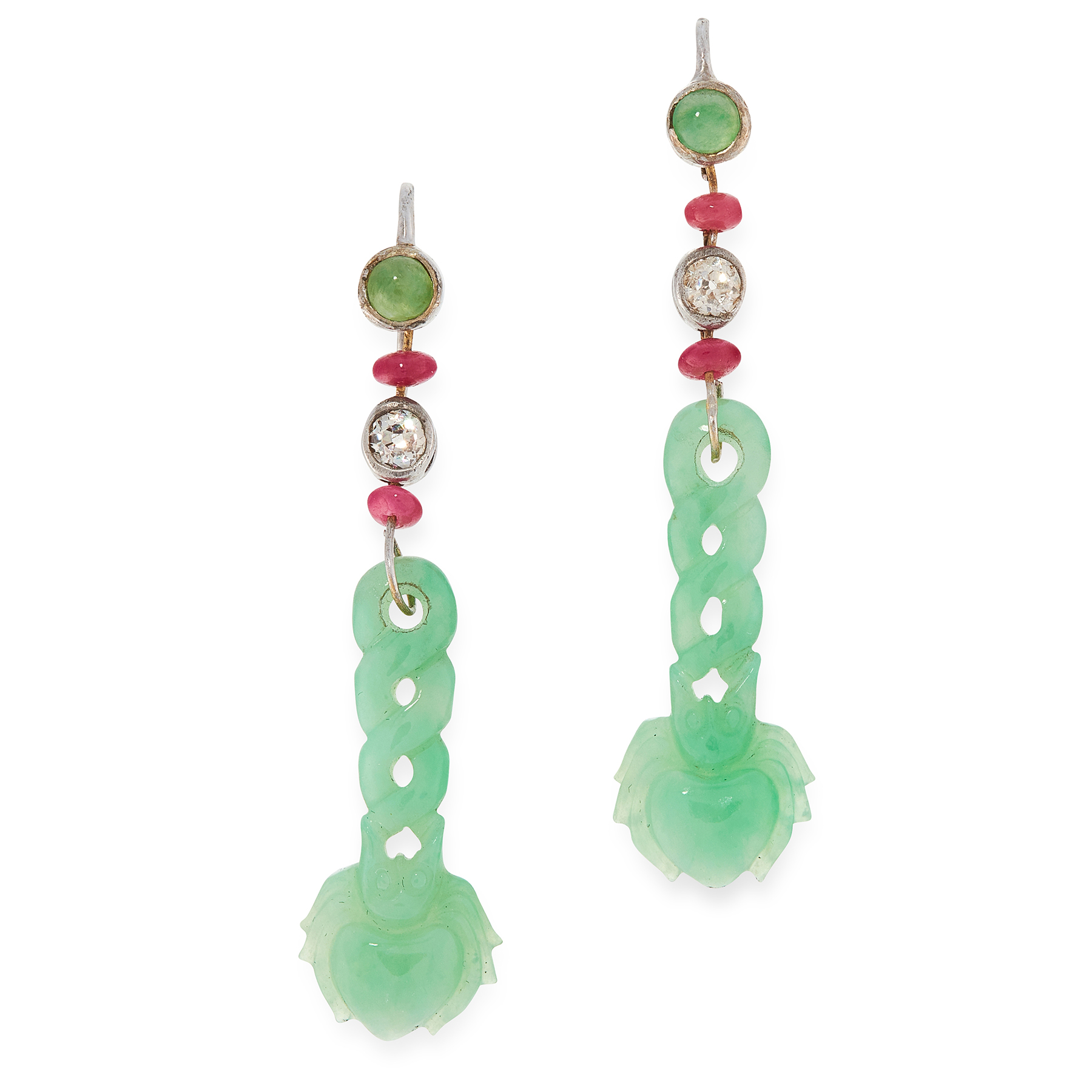 A PAIR OF ANTIQUE NATURAL JADEITE JADE, RUBY AND DIAMOND EARRINGS, EARLY 20TH CENTURY each set - Image 2 of 2