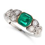 AN EMERALD AND DIAMOND DRESS RING in platinum, set with an emerald cut emerald of 0.37 carats