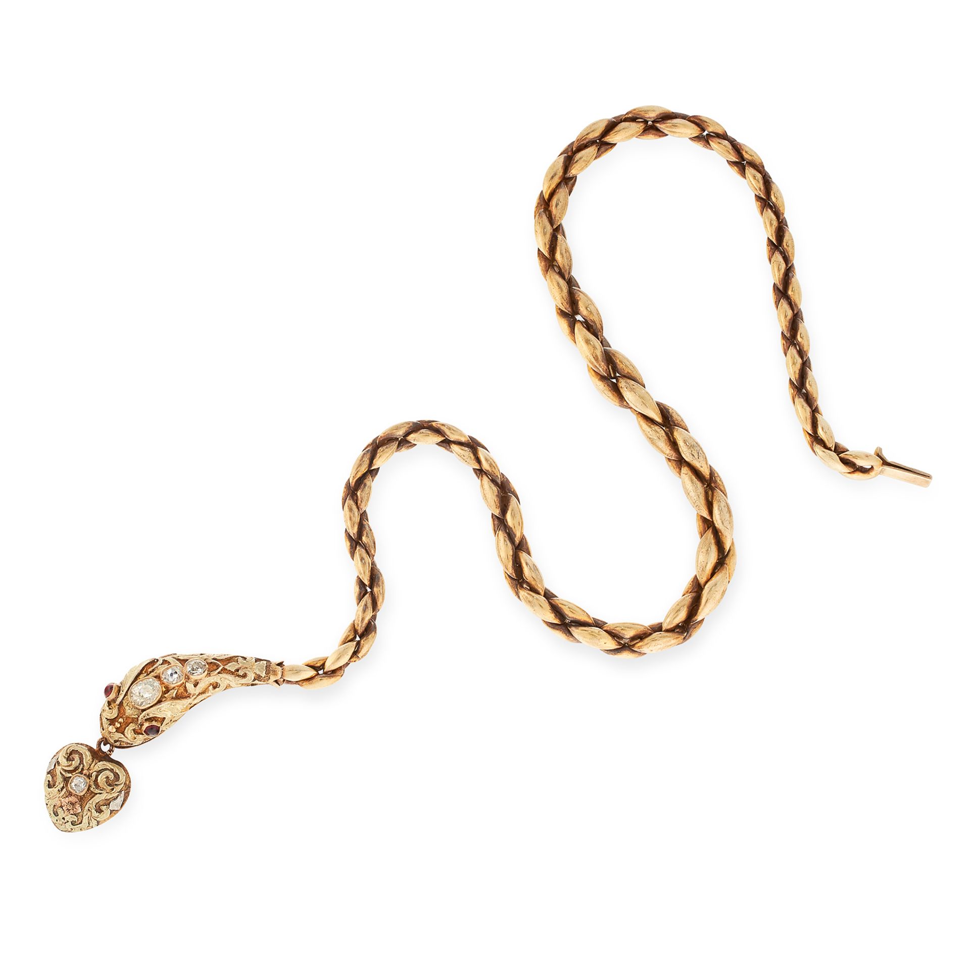 AN ANTIQUE DIAMOND AND GARNET MOURNING LOCKET SNAKE NECKLACE, 19TH CENTURY in yellow gold, formed as