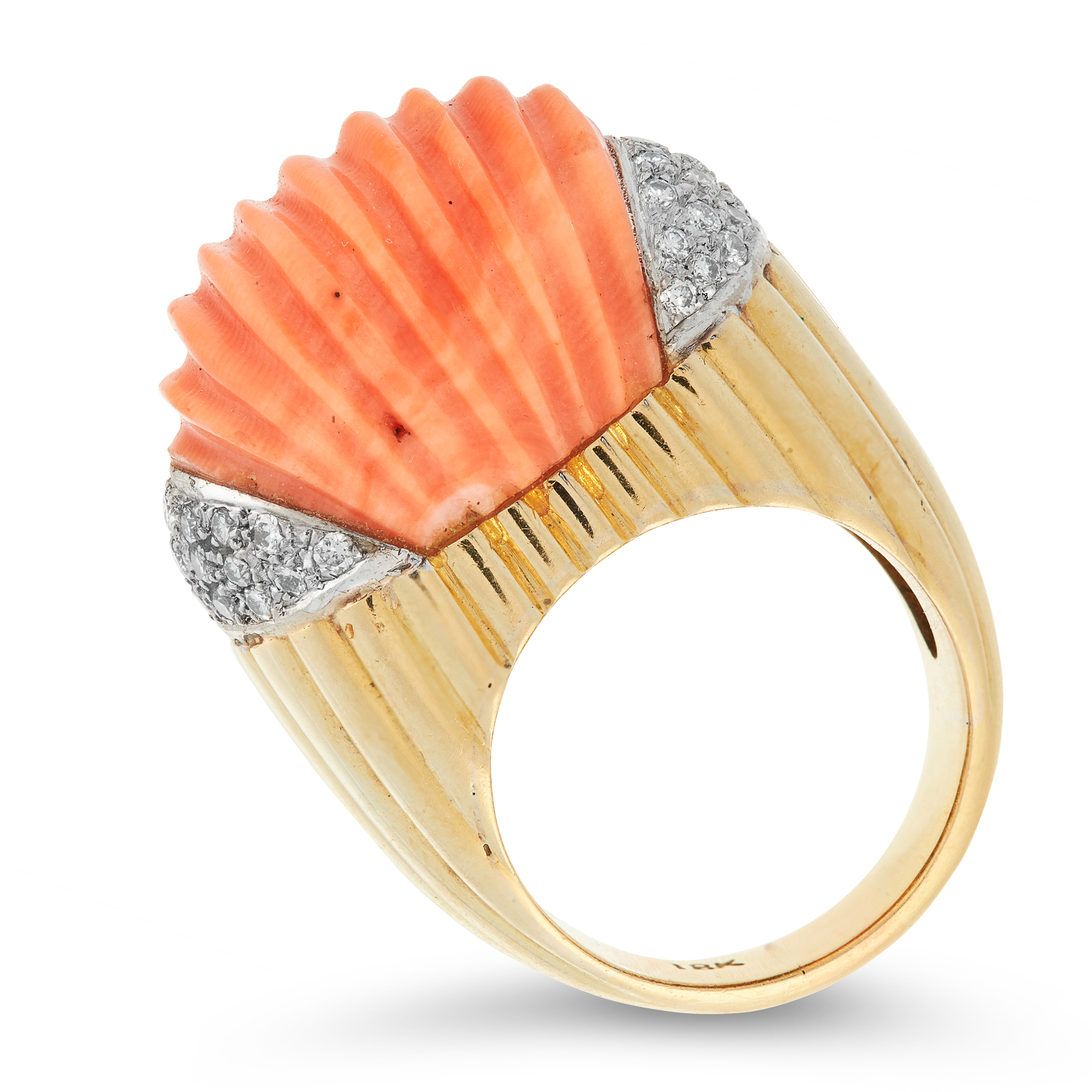 A VINTAGE CORAL AND DIAMOND RING in 18ct yellow gold, of bombe design, set with a central piece of - Image 4 of 4