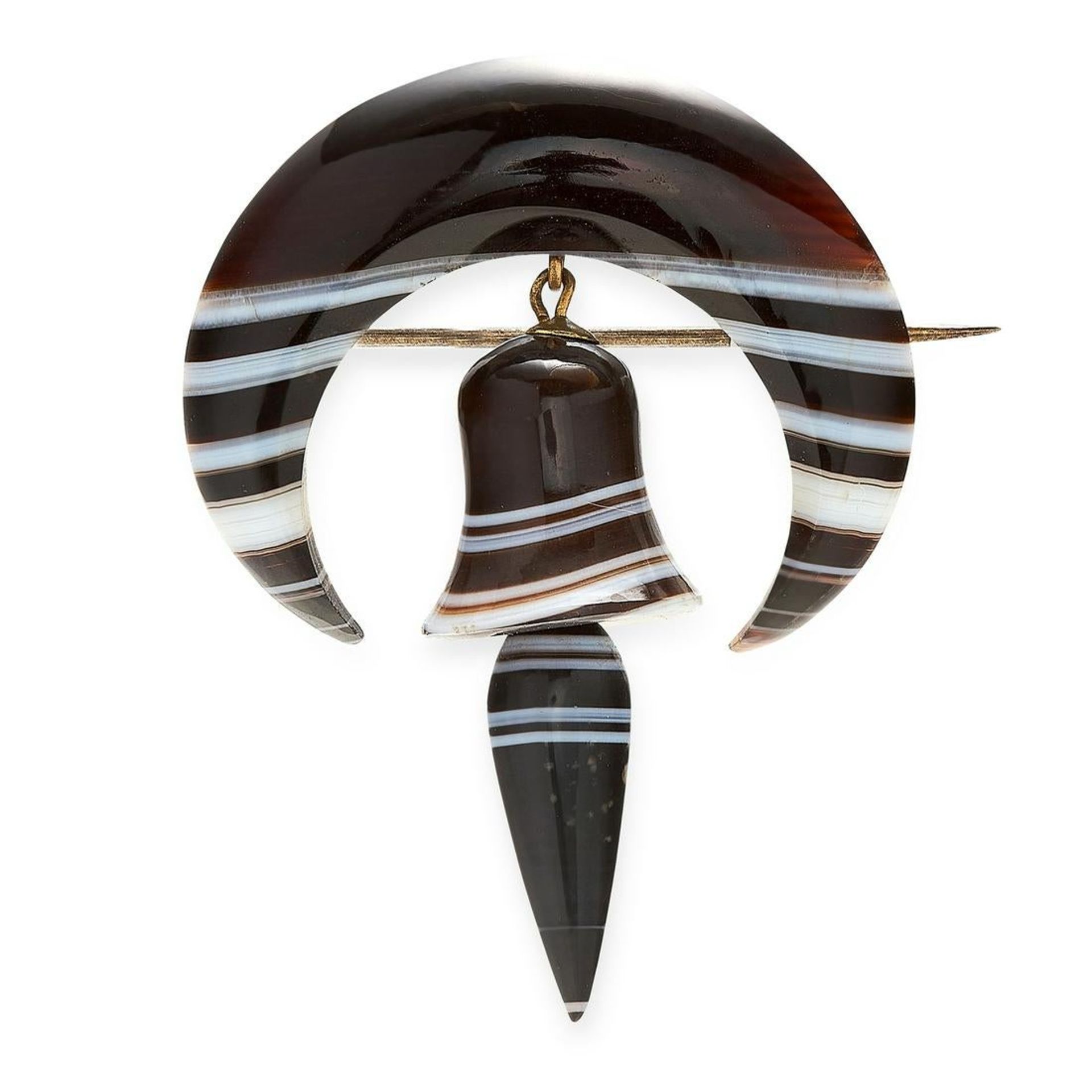 AN ANTIQUE BANDED AGATE BROOCH, 19TH CENTURY comprising a polished piece of banded agate in the form - Image 2 of 2