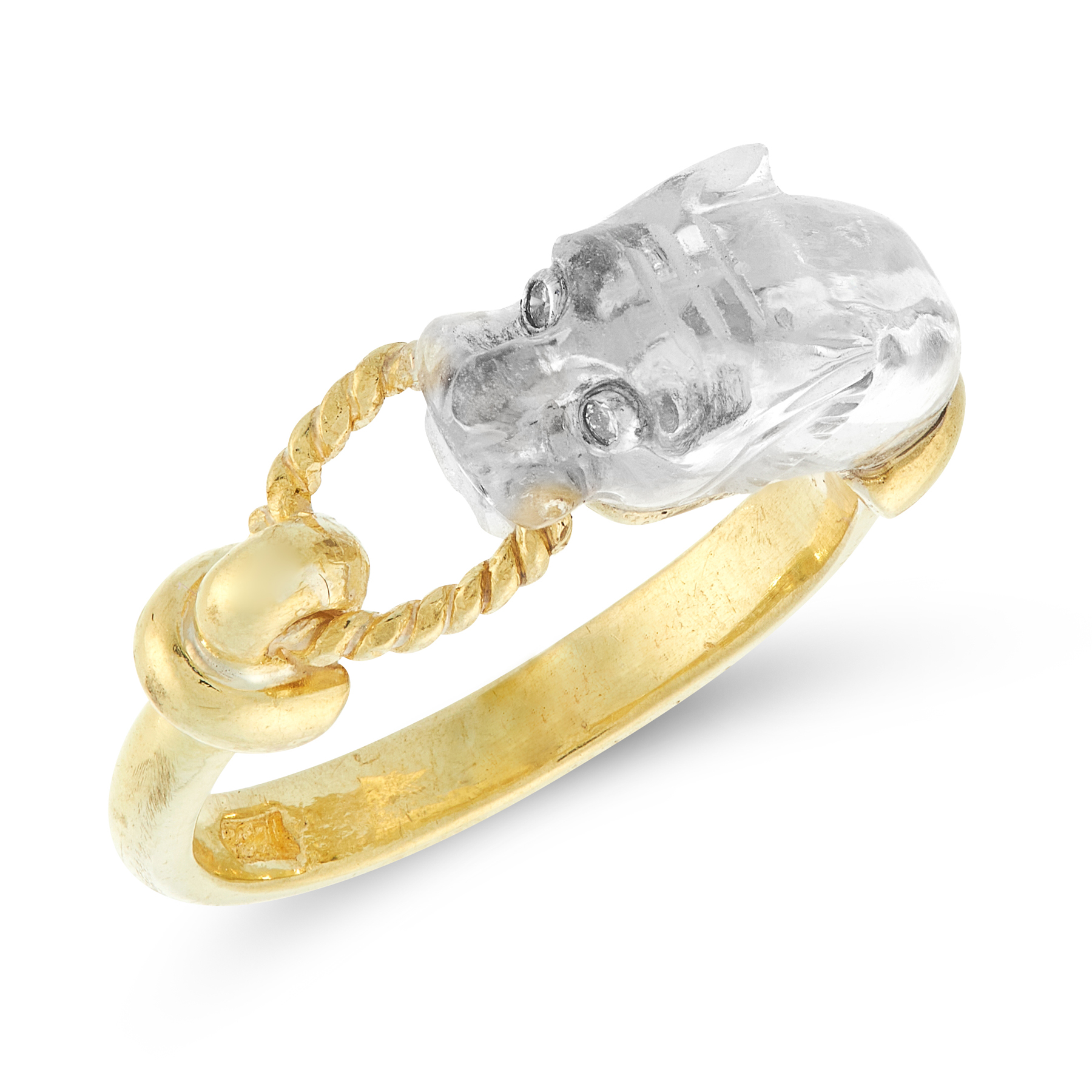 A VINTAGE ROCK CRYSTAL AND DIAMOND PANTHER RING in 18ct yellow gold, designed as the head of a - Image 2 of 4