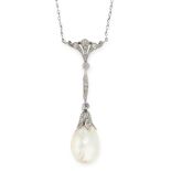 A NATURAL PEARL AND DIAMOND PENDANT NECKLACE, EARLY 20TH CENTURY set with a drop shaped pearl of