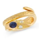 A SAPPHIRE AND DIAMOND SNAKE RING in high carat yellow gold, designed as a snake coiled around on