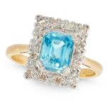 A BLUE ZIRCON AND DIAMOND RING in 18ct yellow gold and platinum, set with an emerald cut zircon of