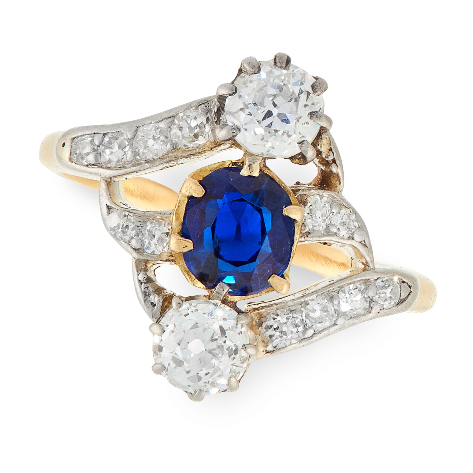 AN ANTIQUE SAPPHIRE AND DIAMOND RING in high carat yellow gold, set with a central cushion cut - Image 2 of 2