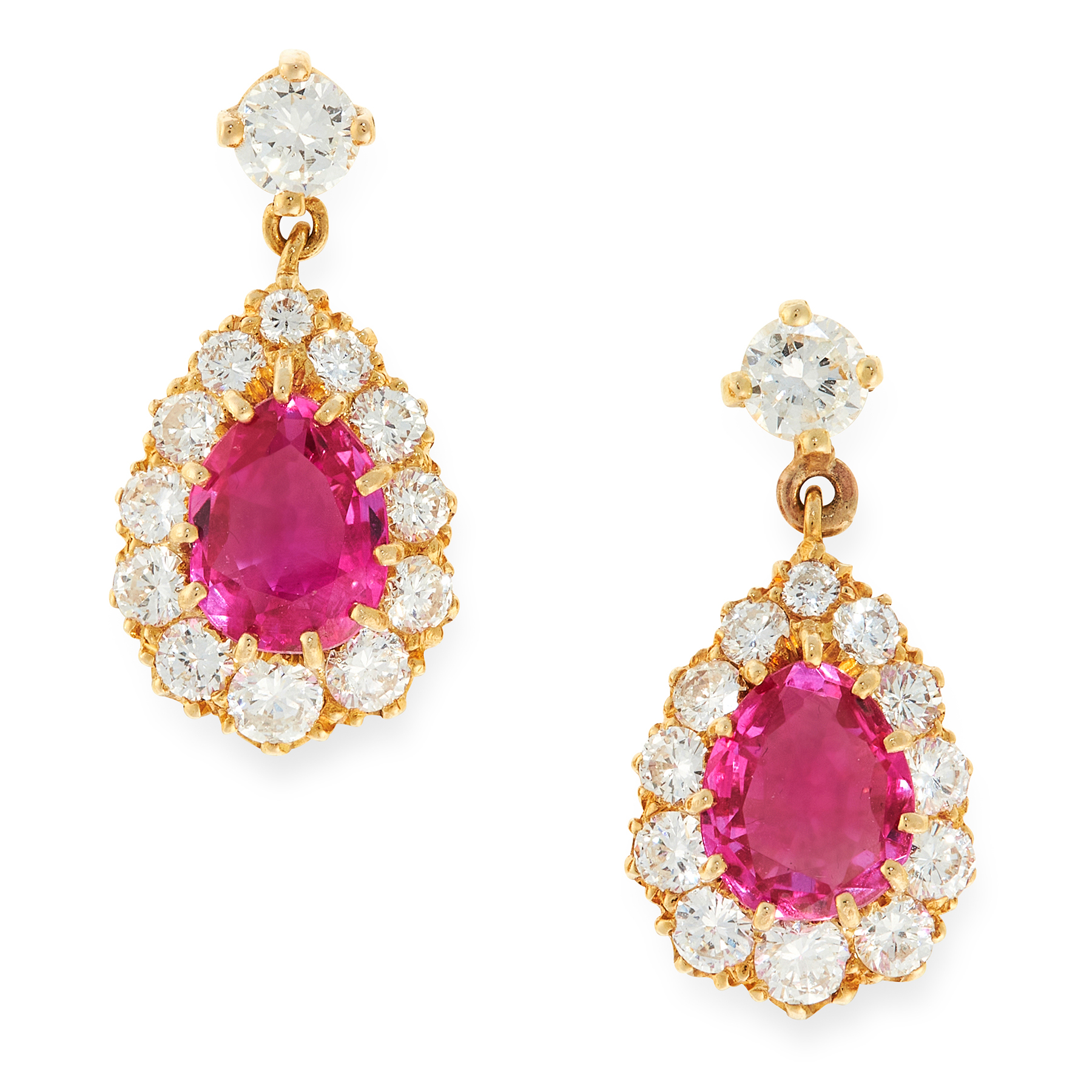 A PAIR OF BURMA NO HEAT RUBY AND DIAMOND EARRINGS in 18ct yellow gold, each set with a pear cut - Image 2 of 2