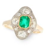 A COLOMBIAN EMERALD AND DIAMOND RING, CIRCA 1930 in 14ct yellow gold, set with an emerald cut