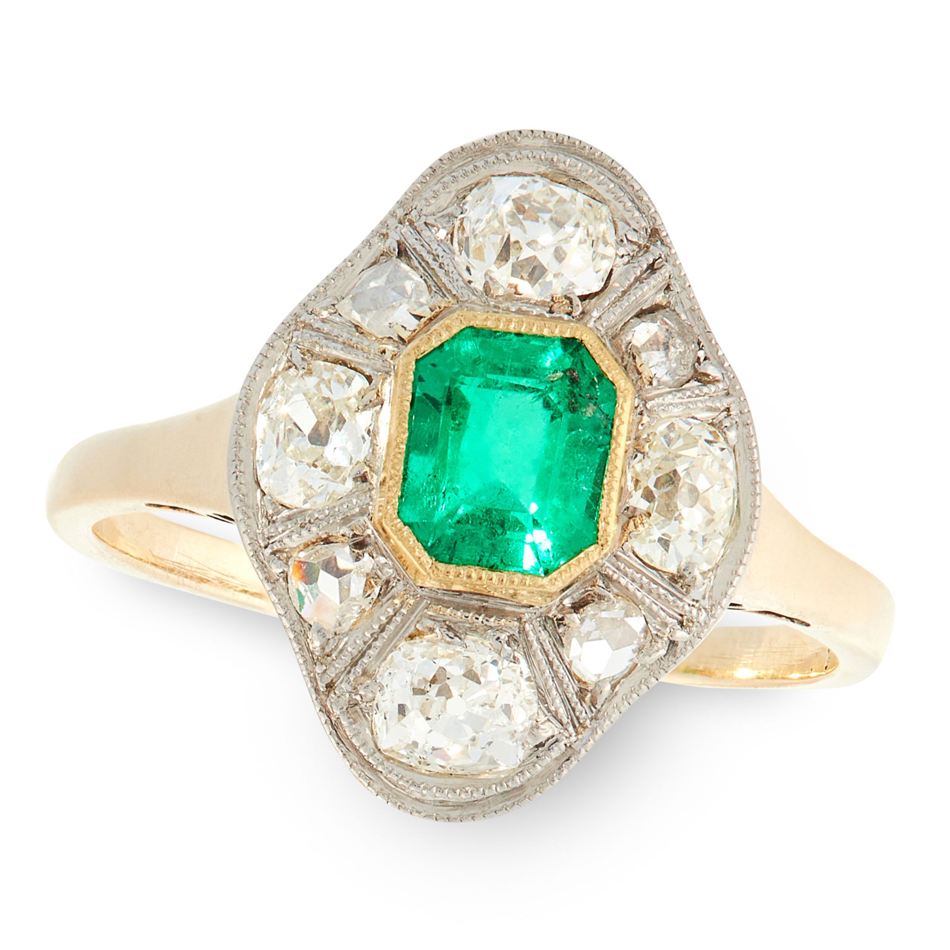 A COLOMBIAN EMERALD AND DIAMOND RING, CIRCA 1930 in 14ct yellow gold, set with an emerald cut