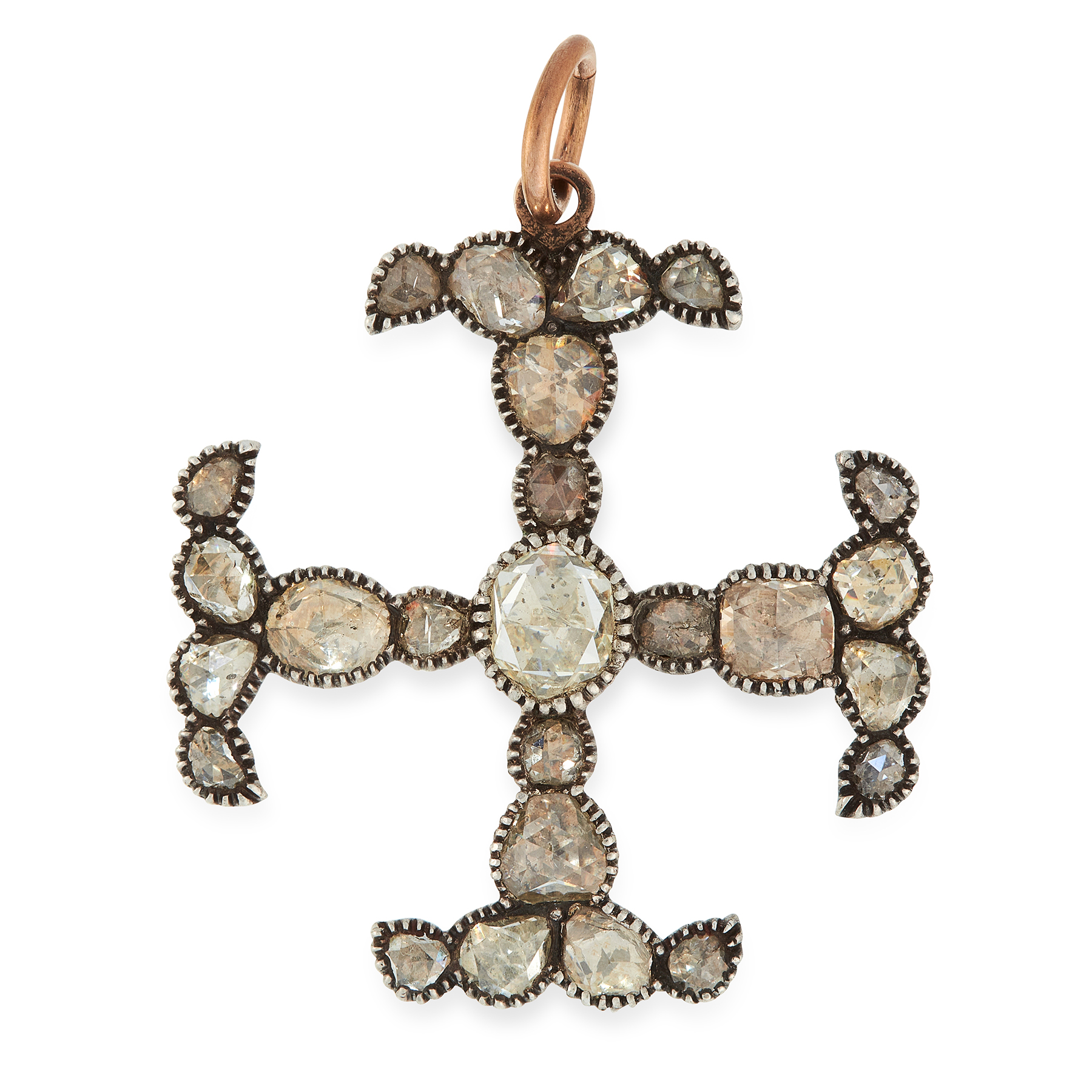 AN ANTIQUE DIAMOND CROSS PENDANT, 19TH CENTURY in yellow gold and silver, set with a central rose - Image 2 of 2