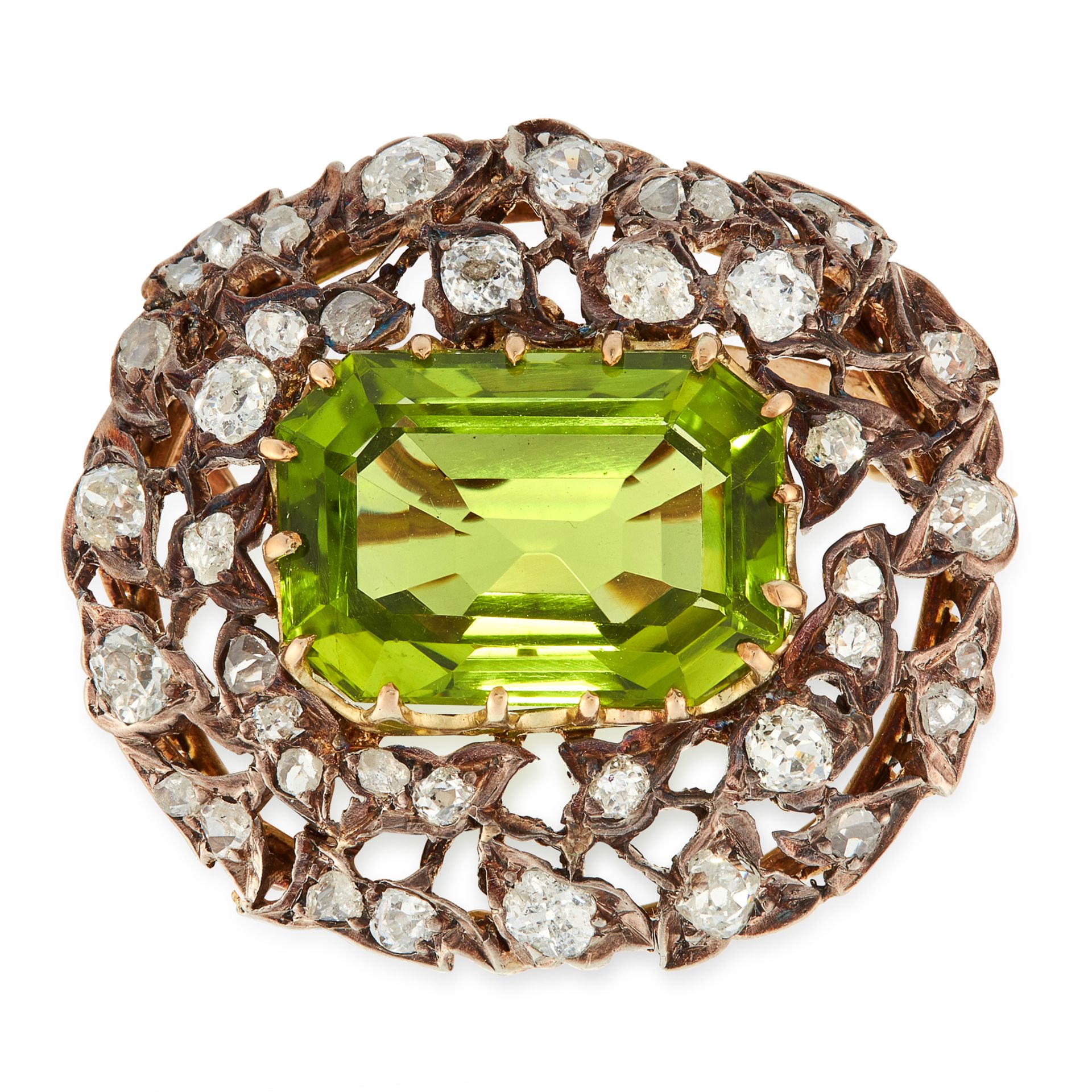 AN ANTIQUE PERIDOT AND DIAMOND BROOCH, 19TH CENTURY in yellow gold and silver, set with an emerald - Image 2 of 2