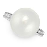 A PEARL AND DIAMOND DRESS RING in 14ct white gold, set with a pearl of 13.7mm, with round cut