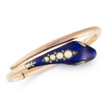 AN ANTIQUE PEARL, DIAMOND AND ENAMEL SNAKE BANGLE in high carat yellow gold, the articulated body