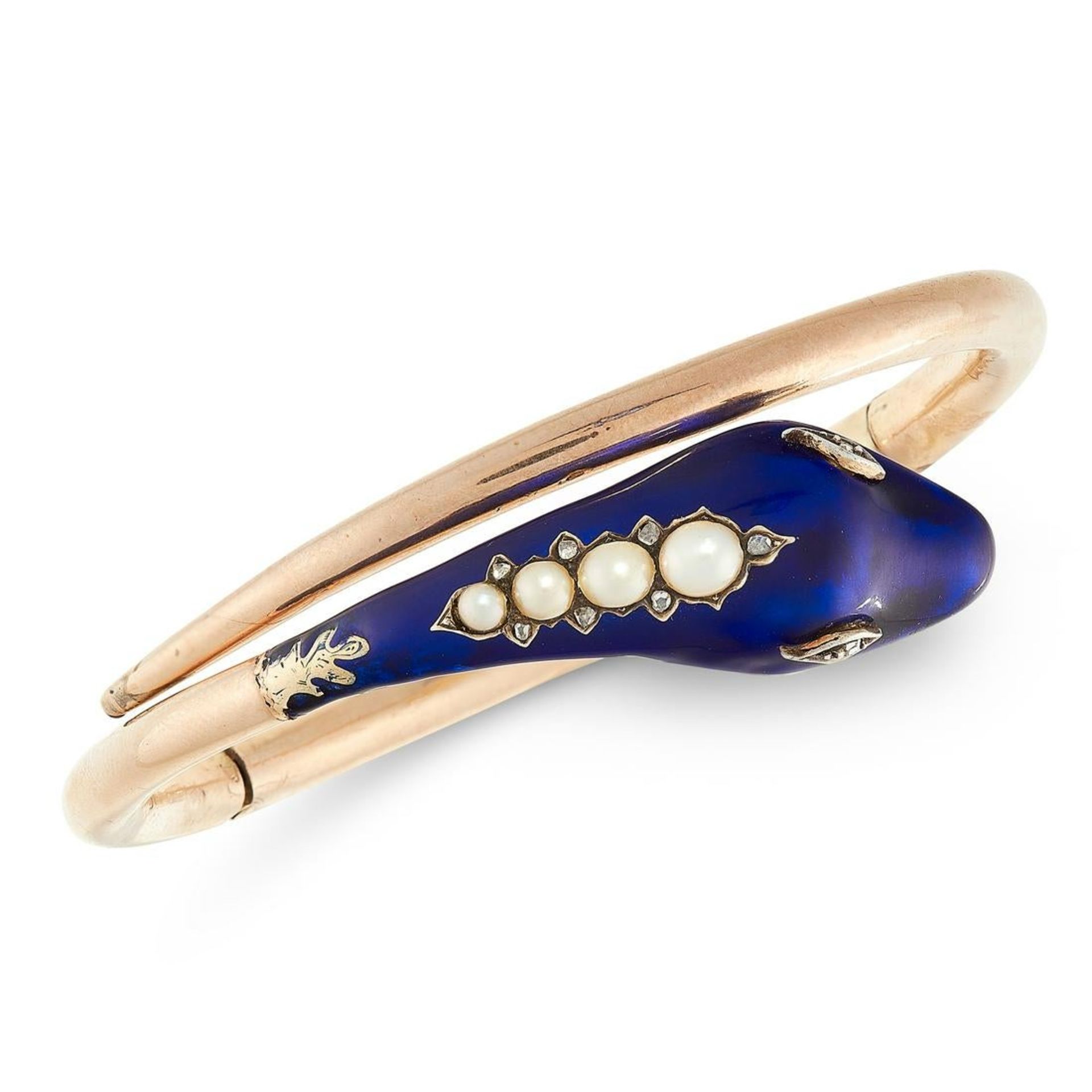 AN ANTIQUE PEARL, DIAMOND AND ENAMEL SNAKE BANGLE in high carat yellow gold, the articulated body