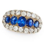 AN ANTIQUE SAPPHIRE AND DIAMOND RING in yellow gold and silver, set with a row of five graduated