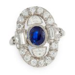 A SAPPHIRE AND DIAMOND RING, CIRCA 1950 POSSIBLY BY H STERN in platinum, set with an oval cut