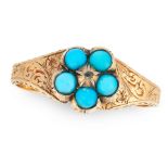 AN ANTIQUE TURQUOISE AND DIAMOND RING, LATE 19TH CENTURY in yellow gold and silver, the tapering