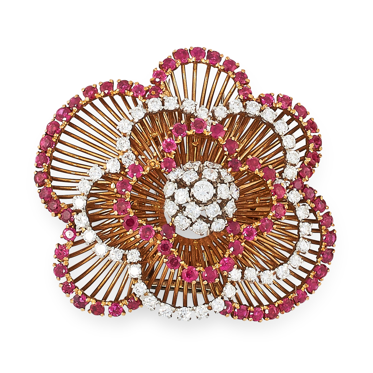 A VINTAGE RUBY AND DIAMOND BROOCH, CIRCA 1960 in high carat yellow gold, designed as a cluster of - Image 2 of 2