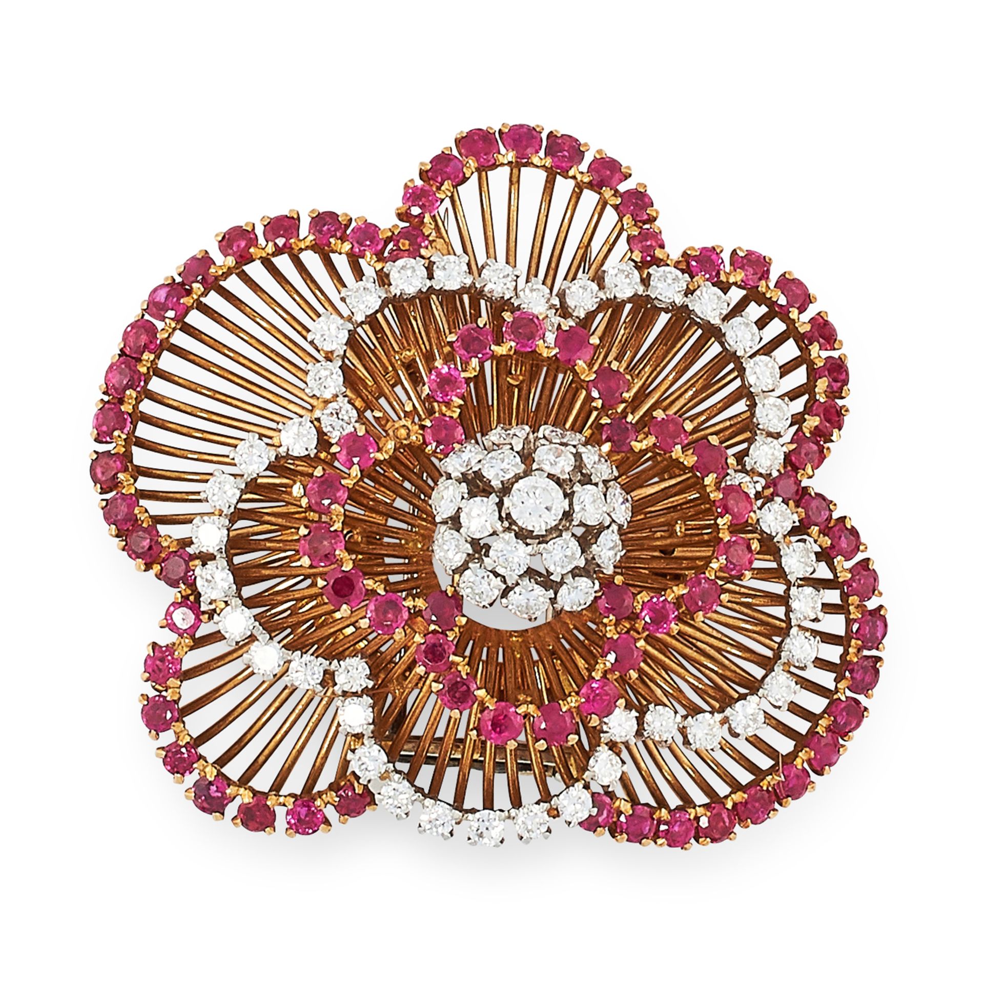 A VINTAGE RUBY AND DIAMOND BROOCH, CIRCA 1960 in high carat yellow gold, designed as a cluster of - Bild 2 aus 2