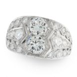 A DIAMOND DRESS RING in 18ct white gold, in Art Deco design set with two principal diamonds of 0.