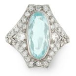 AN AQUAMARINE AND DIAMOND DRESS RING set with an oval cut aquamarine of 3.18 carats flanked by two