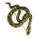 AN ANTIQUE RUBY AND ENAMEL SNAKE BROOCH in yellow gold, designed as a snake coiled around itself,
