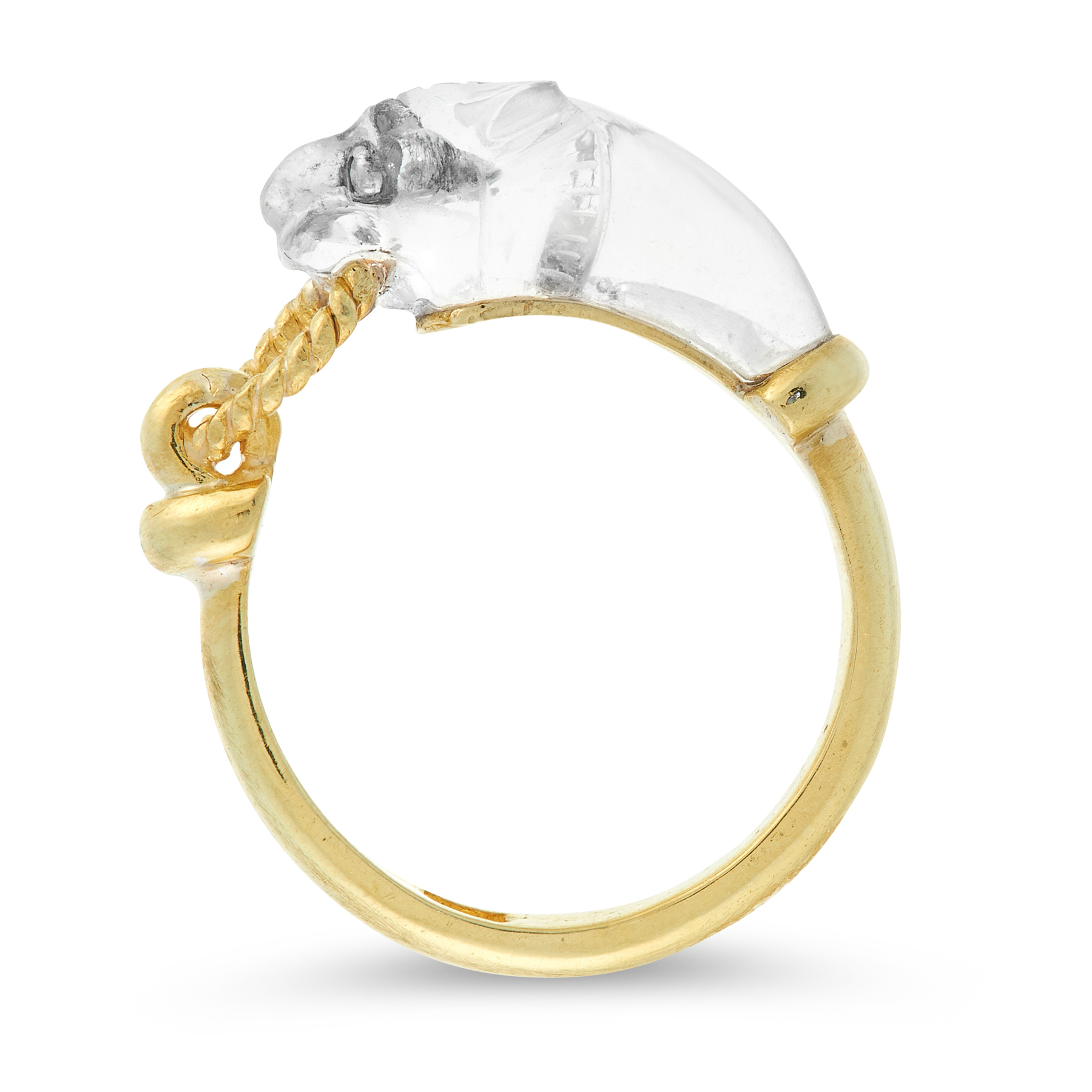A VINTAGE ROCK CRYSTAL AND DIAMOND PANTHER RING in 18ct yellow gold, designed as the head of a - Image 3 of 4