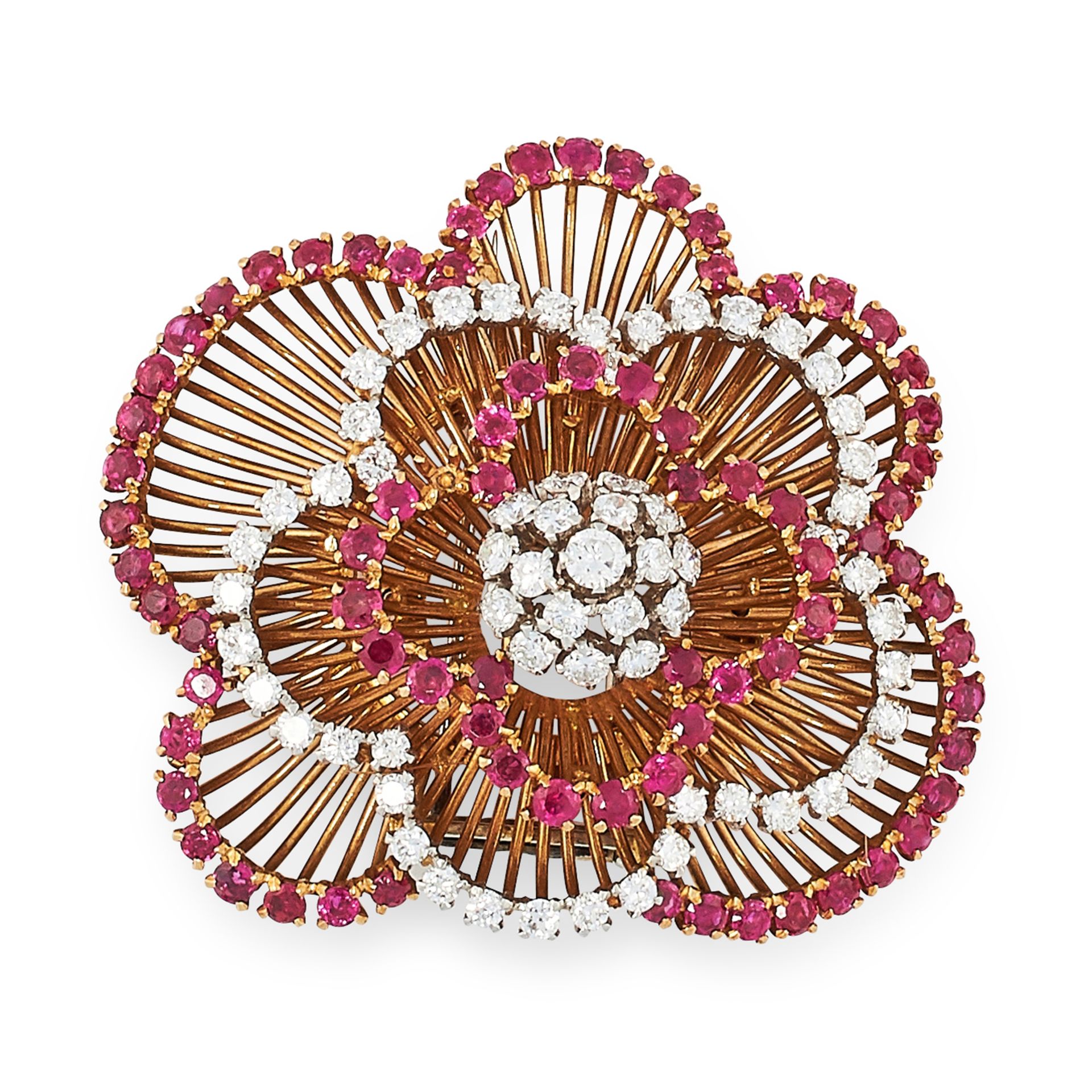 A VINTAGE RUBY AND DIAMOND BROOCH, CIRCA 1960 in high carat yellow gold, designed as a cluster of