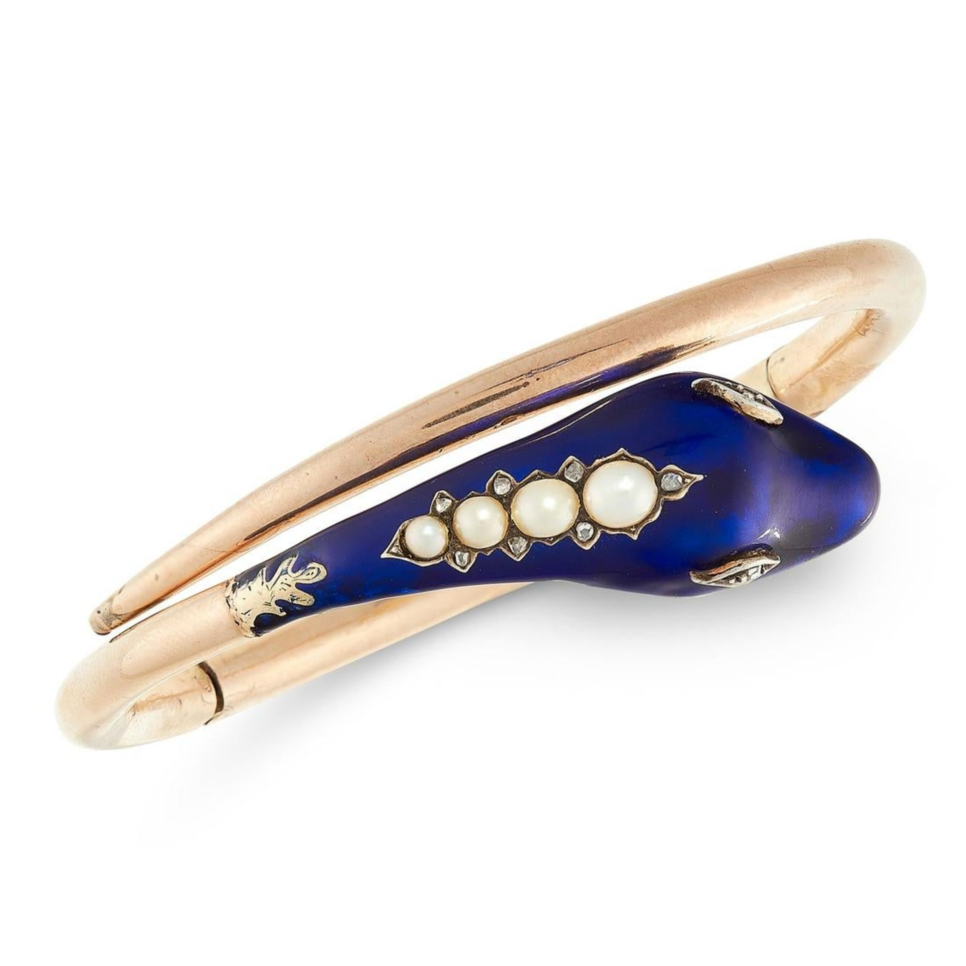 AN ANTIQUE PEARL, DIAMOND AND ENAMEL SNAKE BANGLE in high carat yellow gold, the articulated body - Bild 2 aus 2