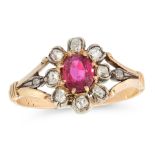 AN ANTIQUE RUBY AND DIAMOND RING, 19TH CENTURY in high carat yellow gold and silver, set with a