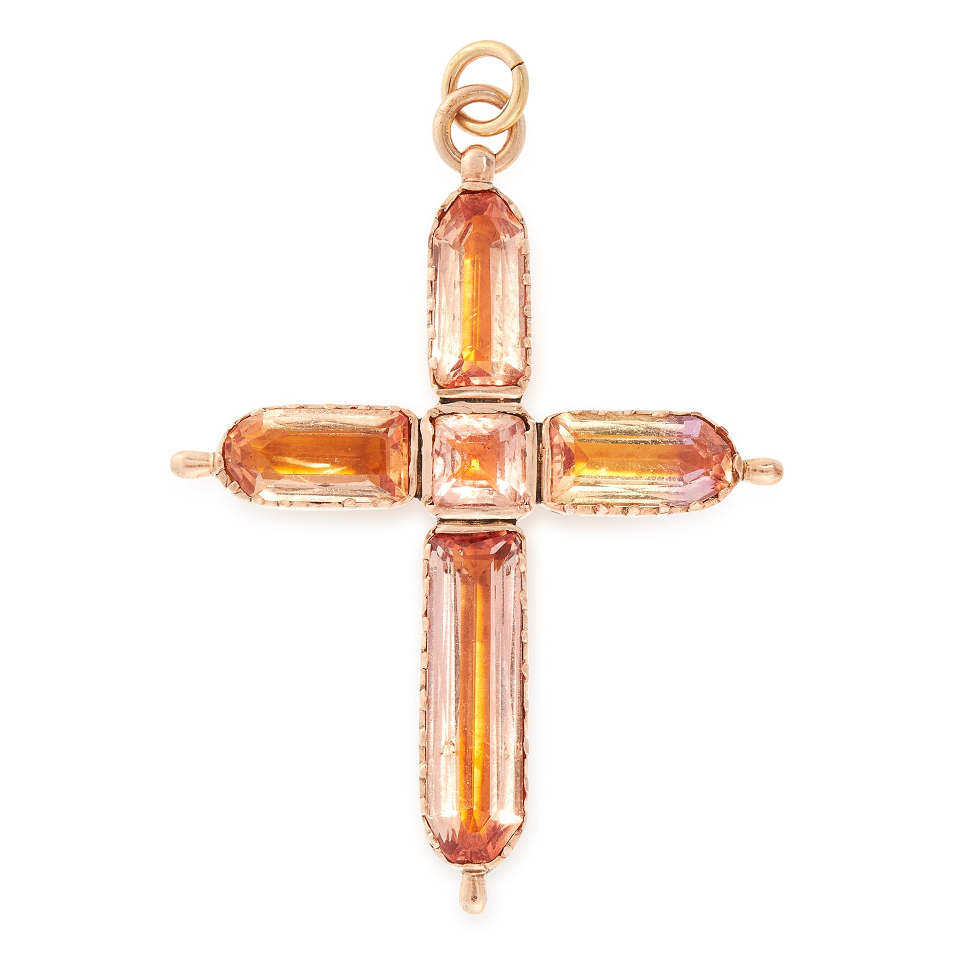 AN ANTIQUE IMPERIAL TOPAZ CROSS PENDANT, 19TH CENTURY in high carat yellow gold, designed as a