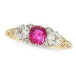 AN ANTIQUE BURMA NO HEAT RUBY AND DIAMOND RING in high carat yellow gold, set with a central cushion