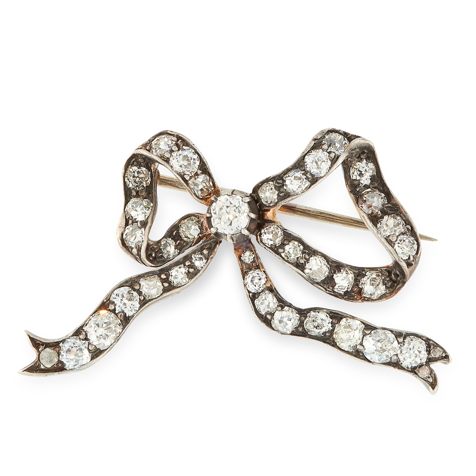 AN ANTIQUE DIAMOND BOW BROOCH, 19TH CENTURY in yellow gold and silver, designed as a ribbon tied