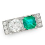AN ART DECO COLOMBIAN EMERALD AND DIAMOND RING the rectangular face set with an emerald cut