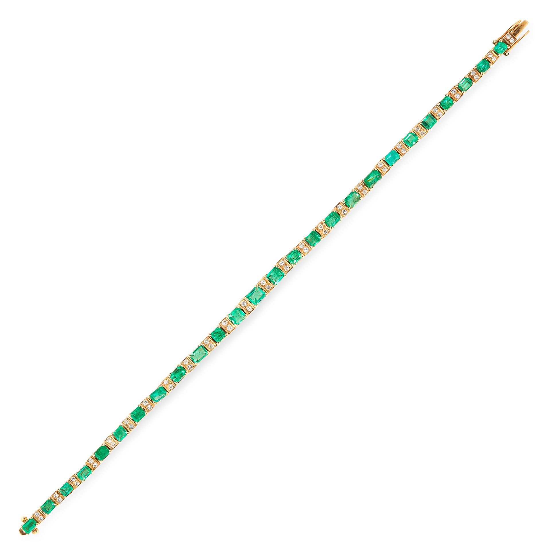 AN EMERALD AND DIAMOND BRACELET in 18ct yellow gold, comprising a single row of twenty six graduated