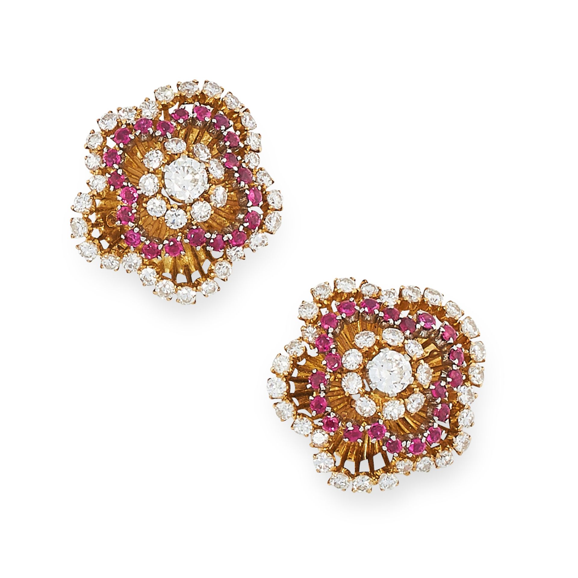 A PAIR OF RUBY AND DIAMOND CLIP EARRINGS, 1960s in high carat yellow gold, each designed as a floral - Image 2 of 2