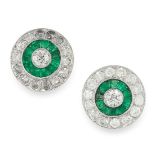A PAIR OF EMERALD AND DIAMOND STUD EARRINGS of target design, each set at the centre with an old cut