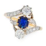 AN ANTIQUE SAPPHIRE AND DIAMOND RING in high carat yellow gold, set with a central cushion cut